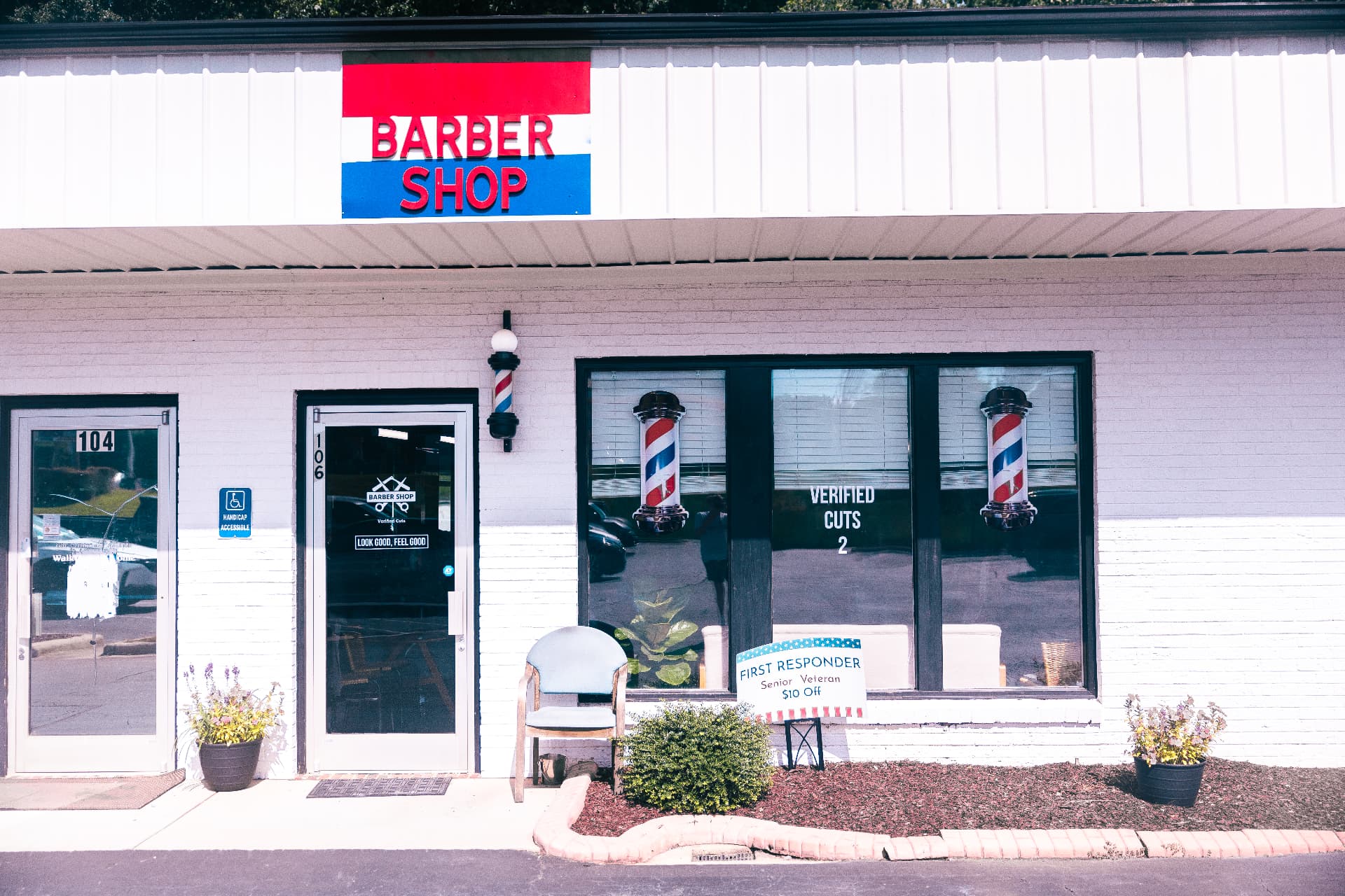 Verified Cuts 2 barbershop storefront with barber poles at 106 in Fort Mill, South Carolina.