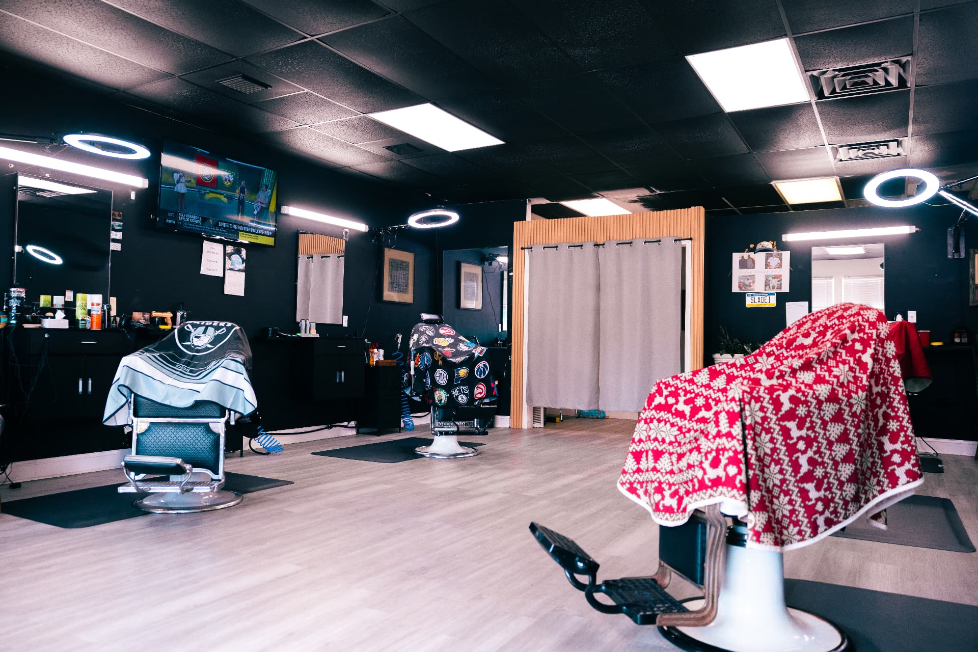 Wide view of the clean barbershop floor and chairs at Verified Cuts 2 in Fort Mill, SC.